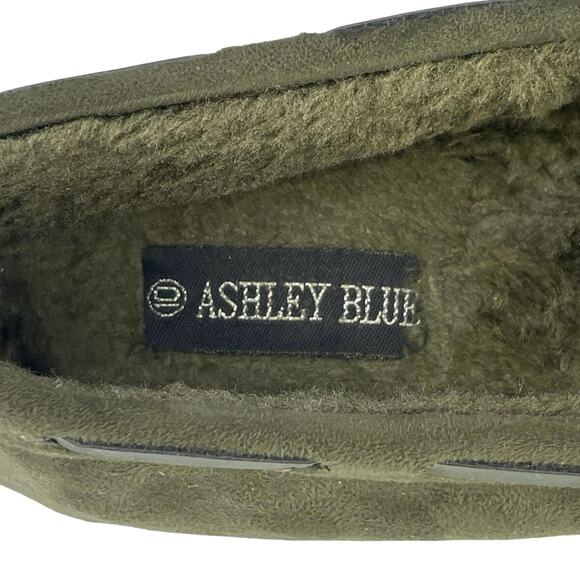Ashley Blue Moccasin Slipper Olive Green Bow Tie Hard Flexible Bottoms Size 10 - Picture 9 of 11
